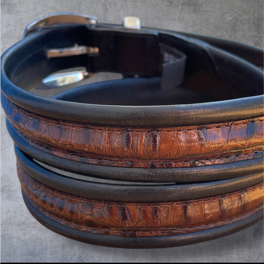 Brighton Leather Crocodile Pattern Browns with Black Belt Silver-tone Buckle 36
